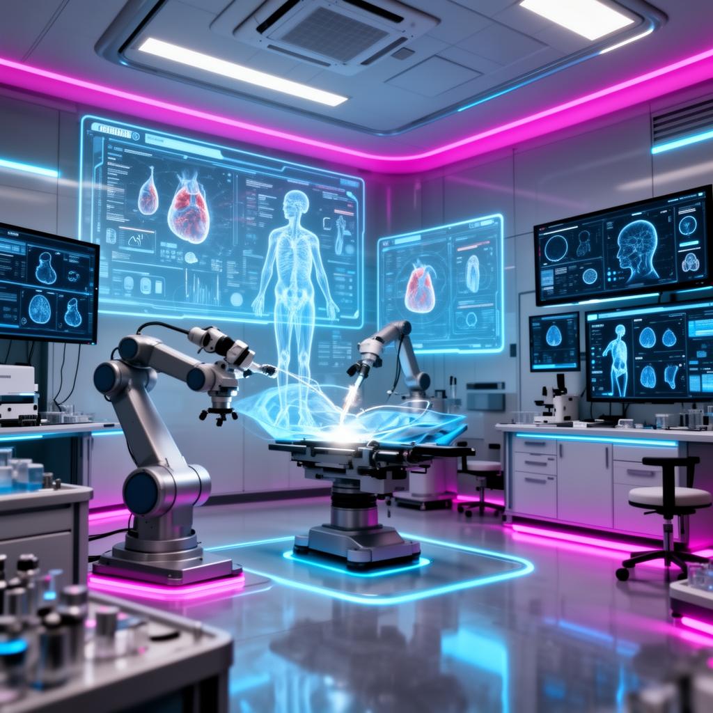 Futuristic healthcare innovation lab with AI diagnostics