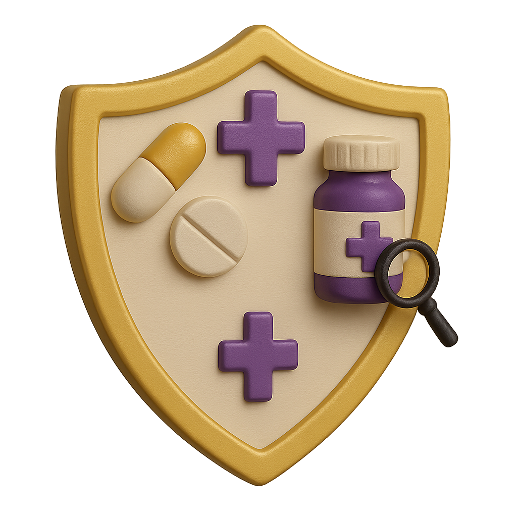 Drug safety shield with medicines and a magnifying glass